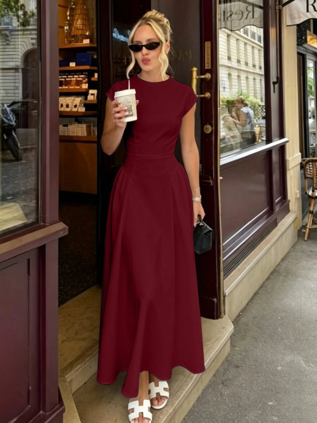 SOERA Ruby Flare Maxi Dress with Cap Sleeves - Dress -  Wine XS