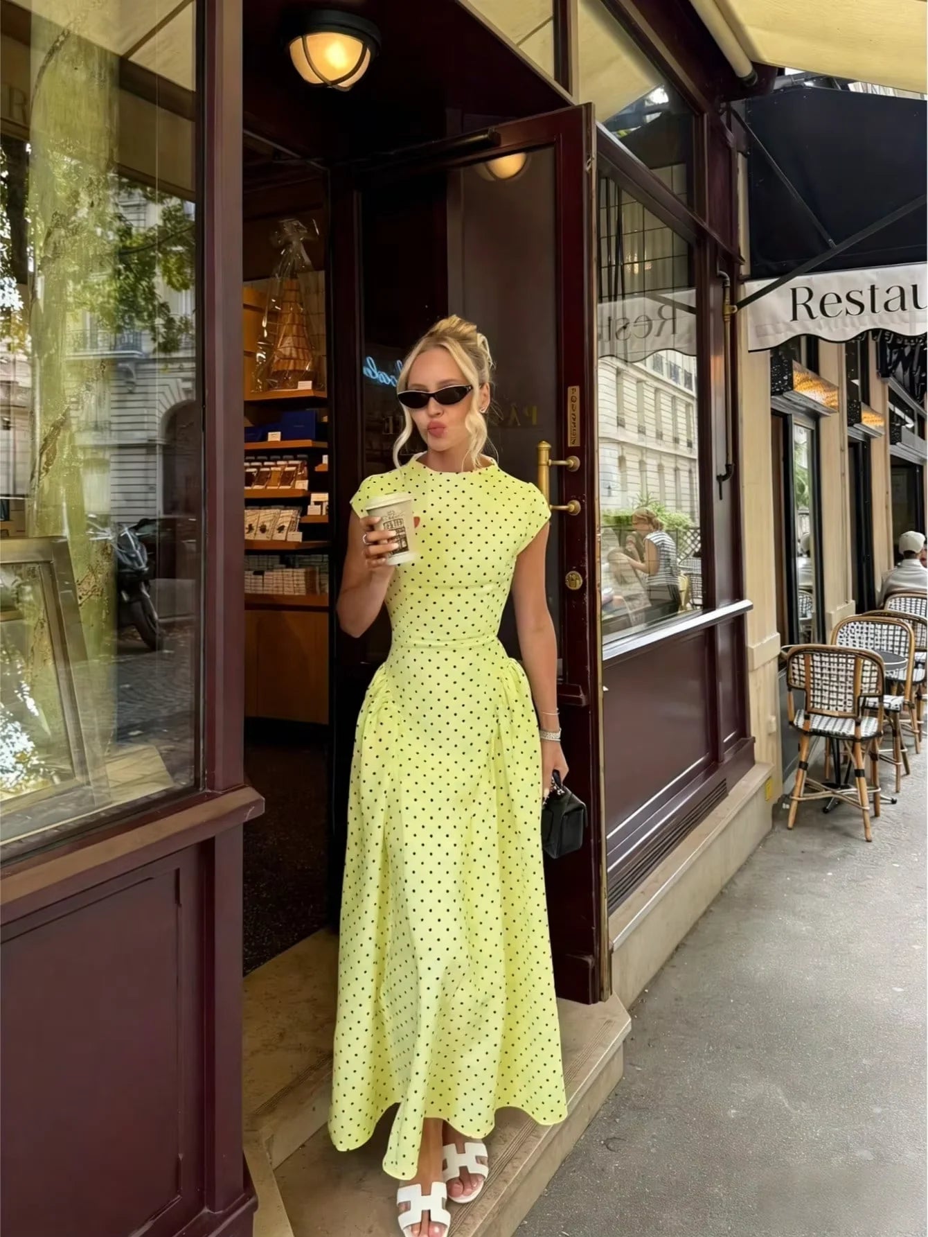SOERA Ruby Flare Maxi Dress with Cap Sleeves - Dress -  Yellow Polka Dot XS