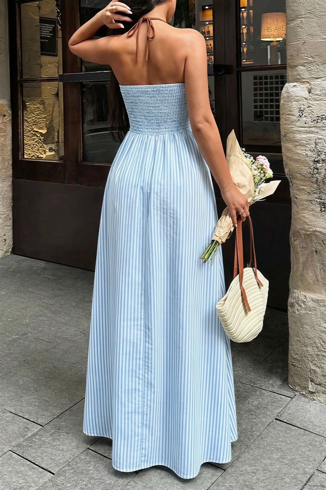 SOERA Sevilla Striped Deep V - Neck Maxi Dress - Dress -  Light Blue M