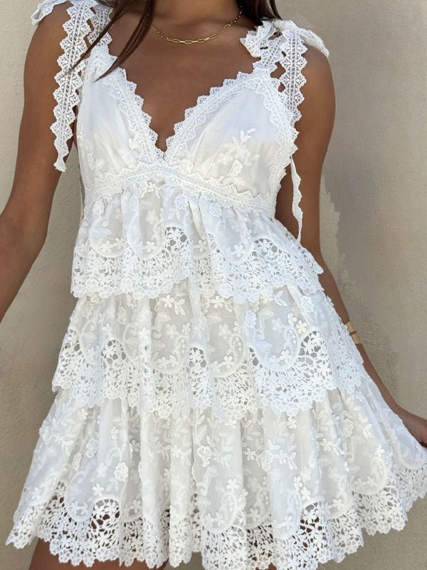 SOERA Sophia V - Neck Tiered Lace Mini Dress - Dress -  White S