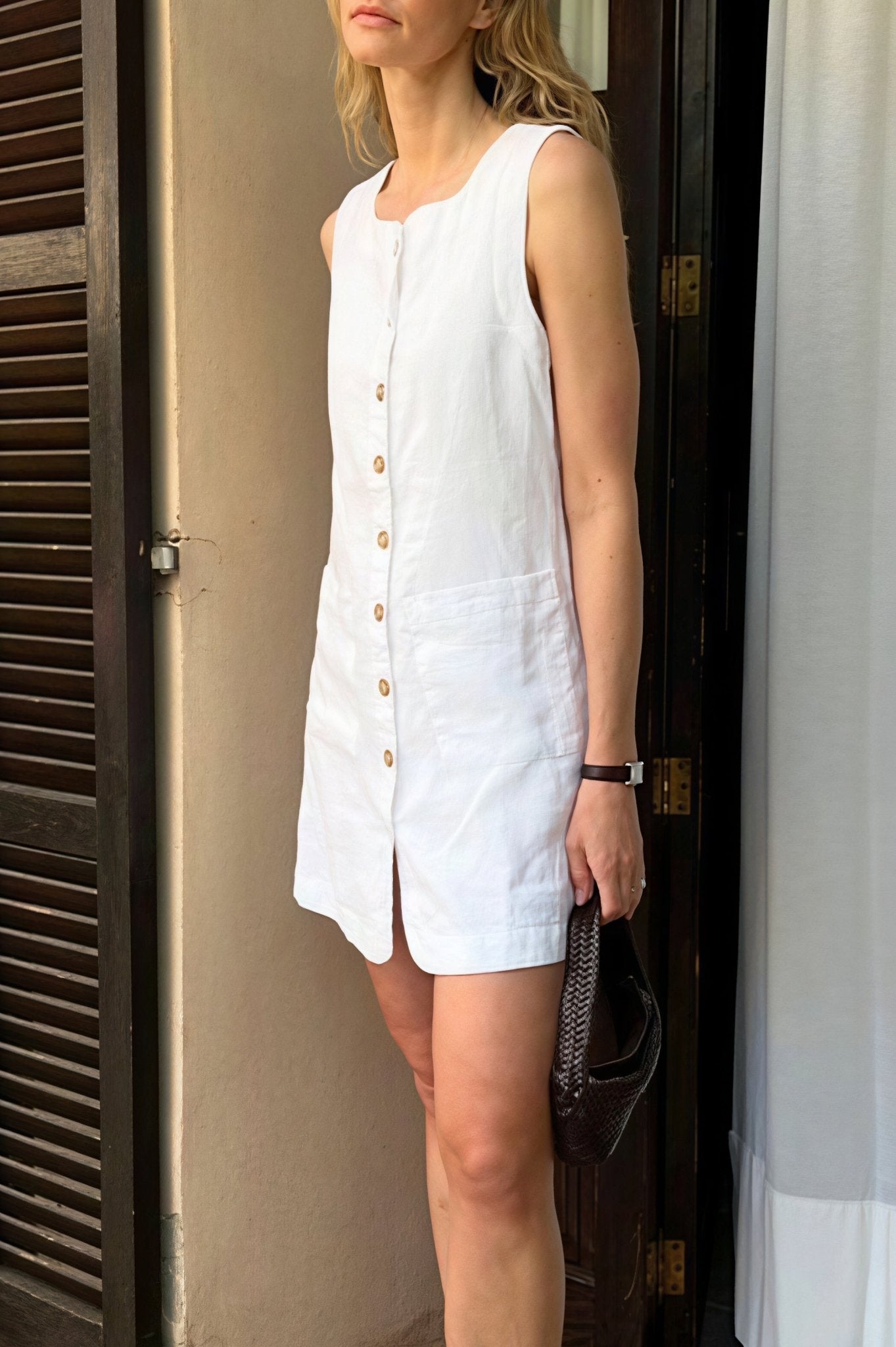 SOERA Themis Linen Square Neck Button Mini Dress - Dress -  L