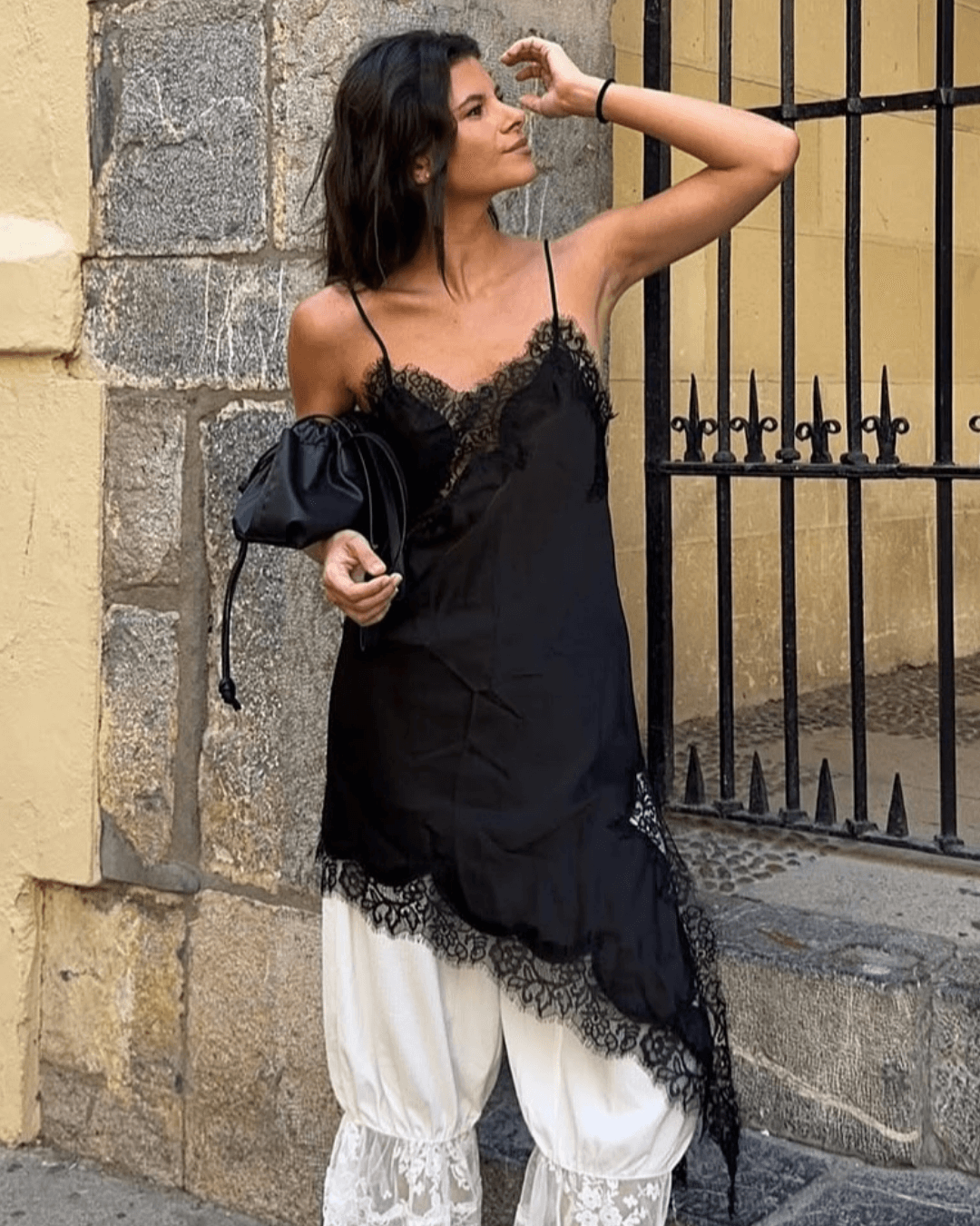 SOERA Arah Asymmetric Satin Lace Midi Dress - Dresses - WF1760544073337116452 Black S