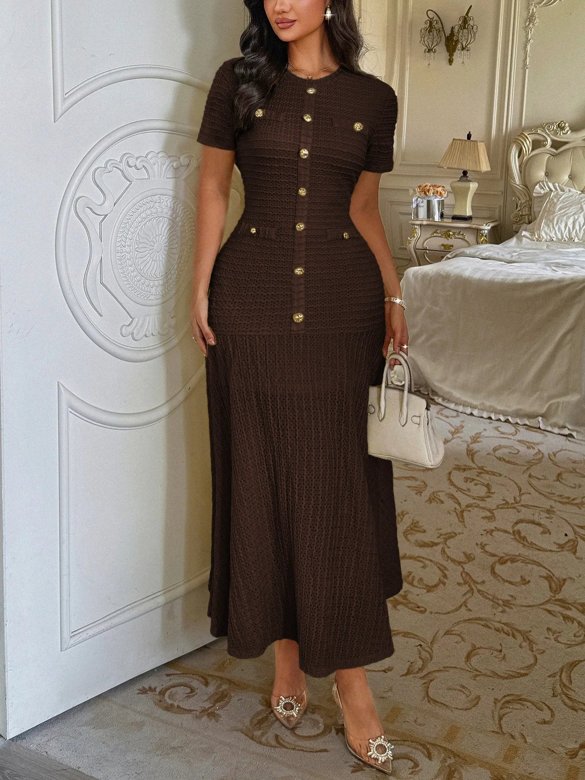 SOERA Clara Gold Button Retro Flared Midi Dress - Dresses - SOERA-672579-BRO-S-80675 Brown S