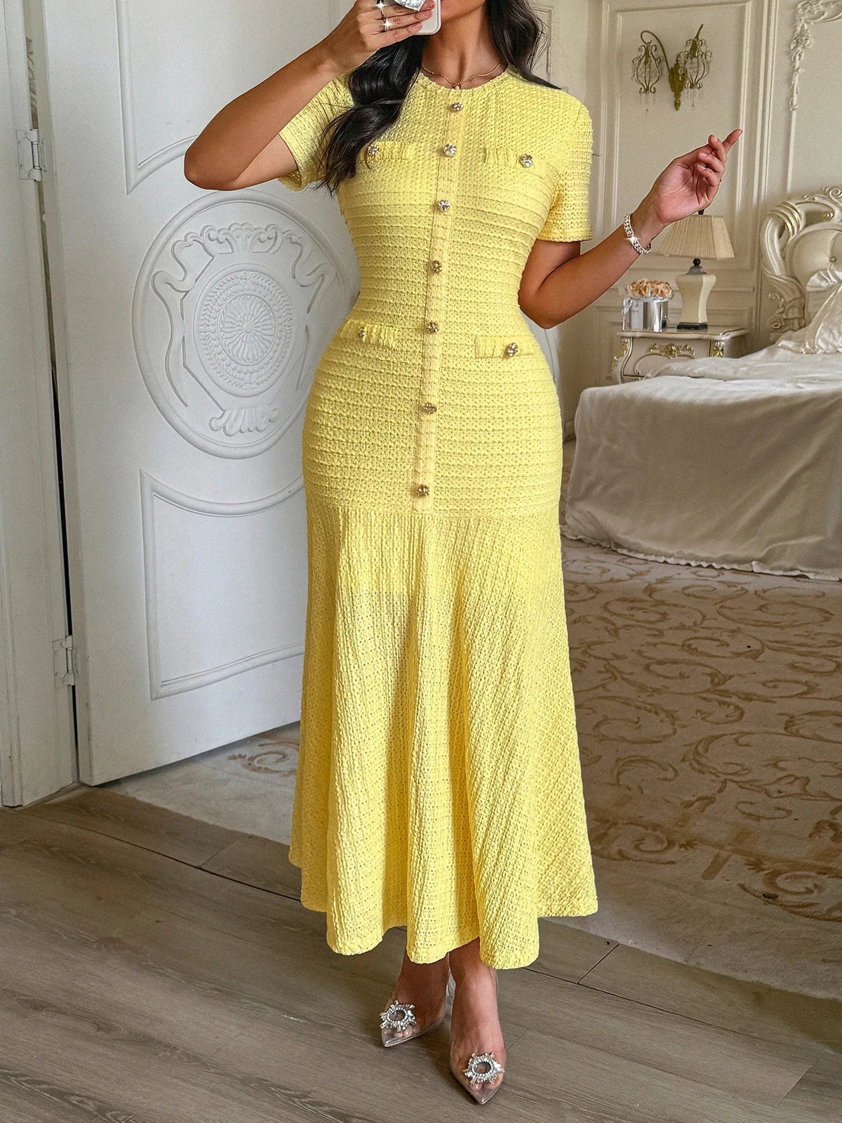 SOERA Clara Gold Button Retro Flared Midi Dress - Dresses - SOERA-672579-YEL-M-51299 Yellow M