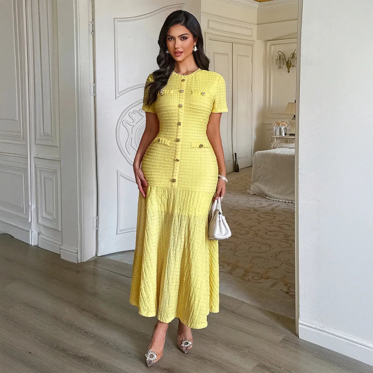 SOERA Clara Gold Button Retro Flared Midi Dress - Dresses - SOERA-672579-YEL-S-18531 Yellow S