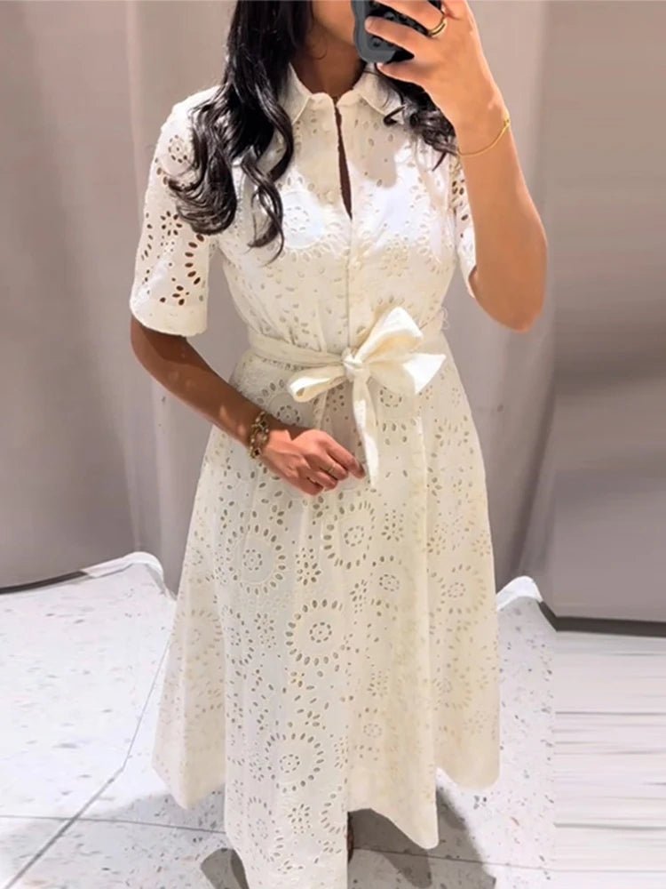 SOERA Merida Embroidered Belted Midi Dress - Dresses -  White XS