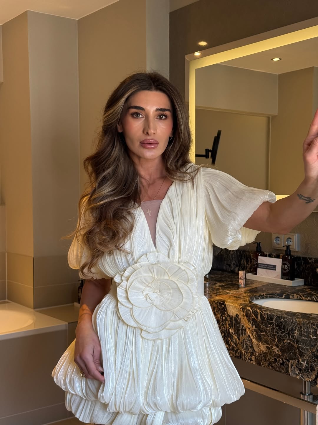 SOERA Rosette Puff Sleeve Bubble Hem Mini Dress - Dresses -  Ivory M