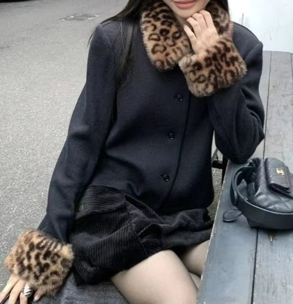 SOERA Anne Leopard Faux Fur Trim Button-Up Jacket - Jacket - SOERA-763971-BLA-XL-99299 Black XL