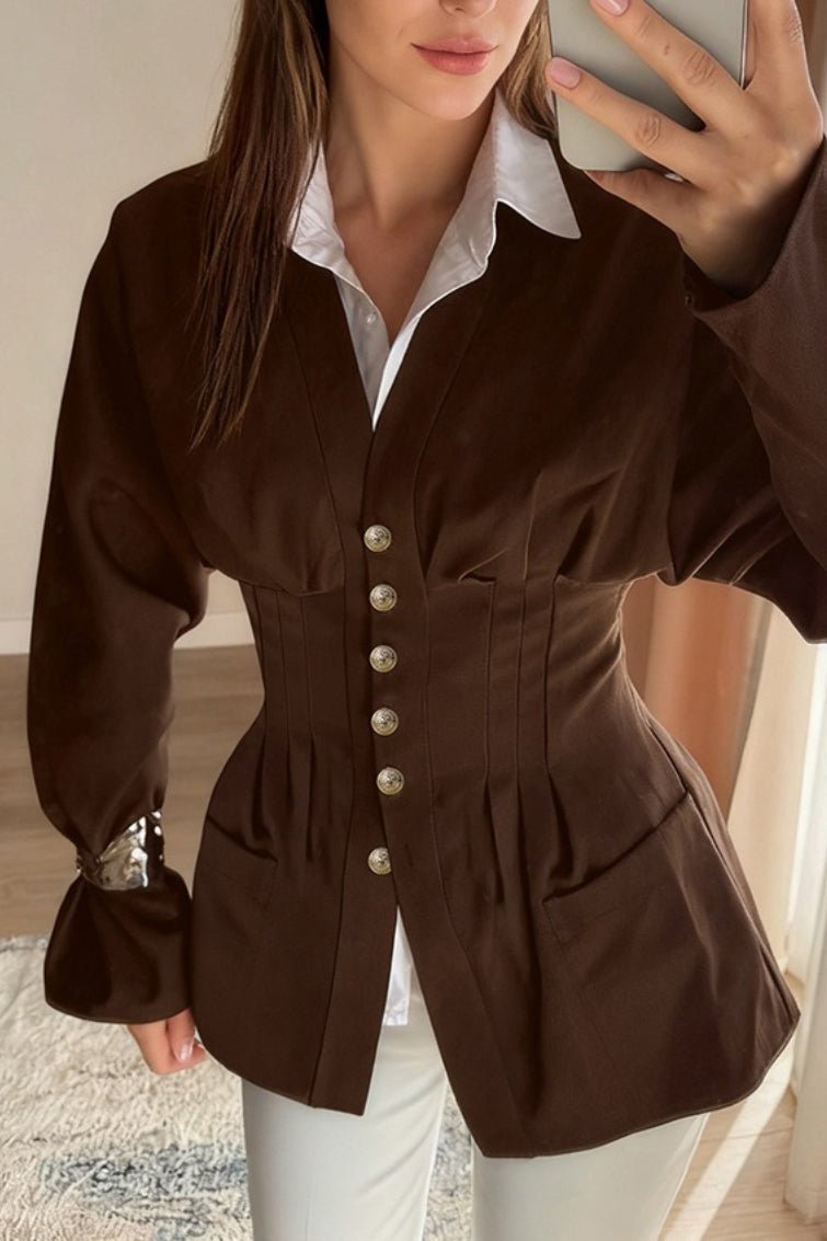 SOERA Beatrice Pleated Slim Vintage Waist Blazer - Jacket -  Brown M