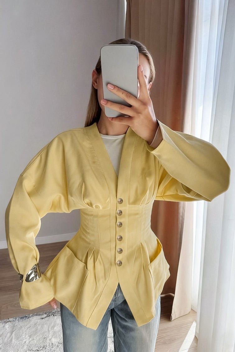 SOERA Beatrice Pleated Slim Vintage Waist Blazer - Jacket -  Yellow L