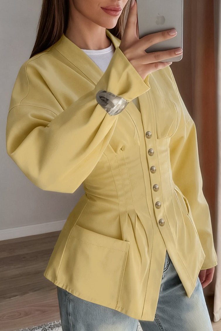 SOERA Beatrice Pleated Slim Vintage Waist Blazer - Jacket -  Yellow M