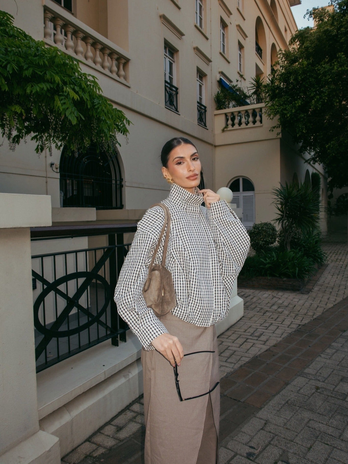 Margot geruite funnel-neck jas