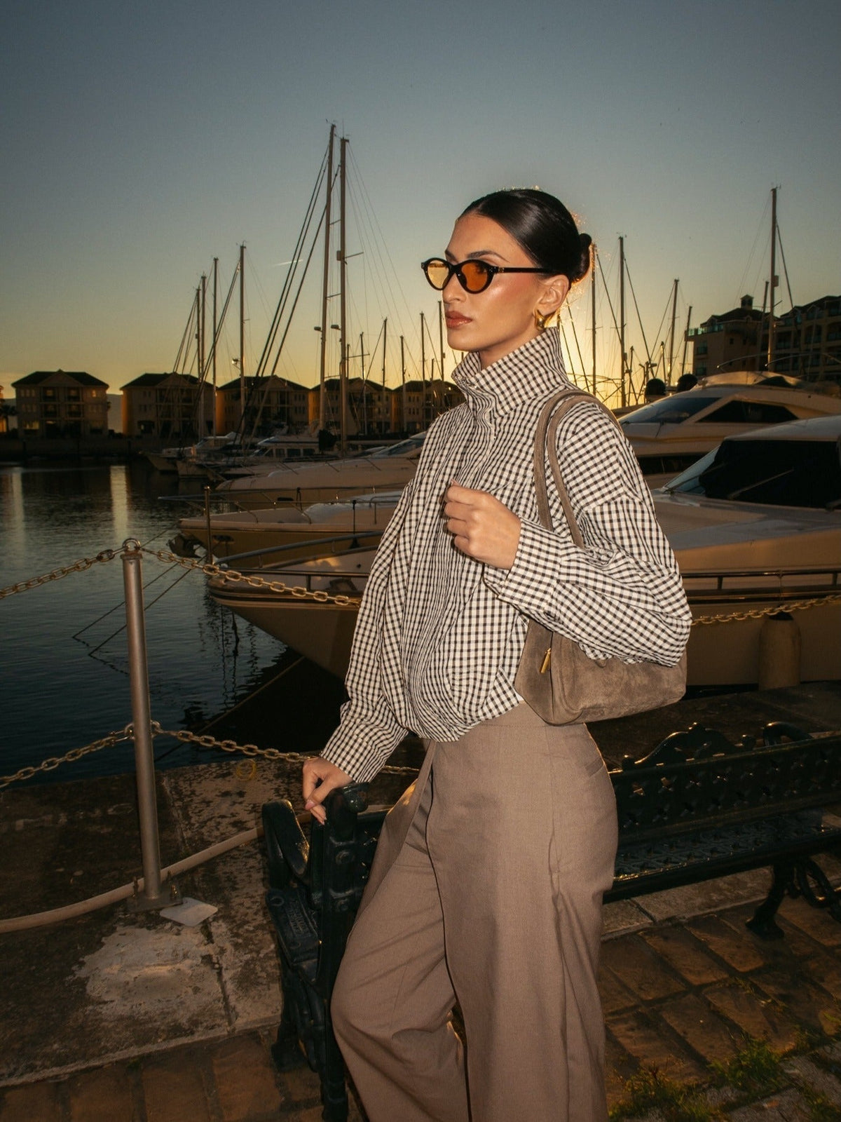 Margot geruite funnel-neck jas