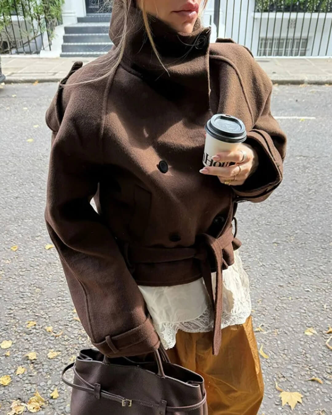 SOERA Debbie Stand Collar Short Trench Coat - Jackets - 1005010585967410-;sl1773321574175592801 Dark Brown L