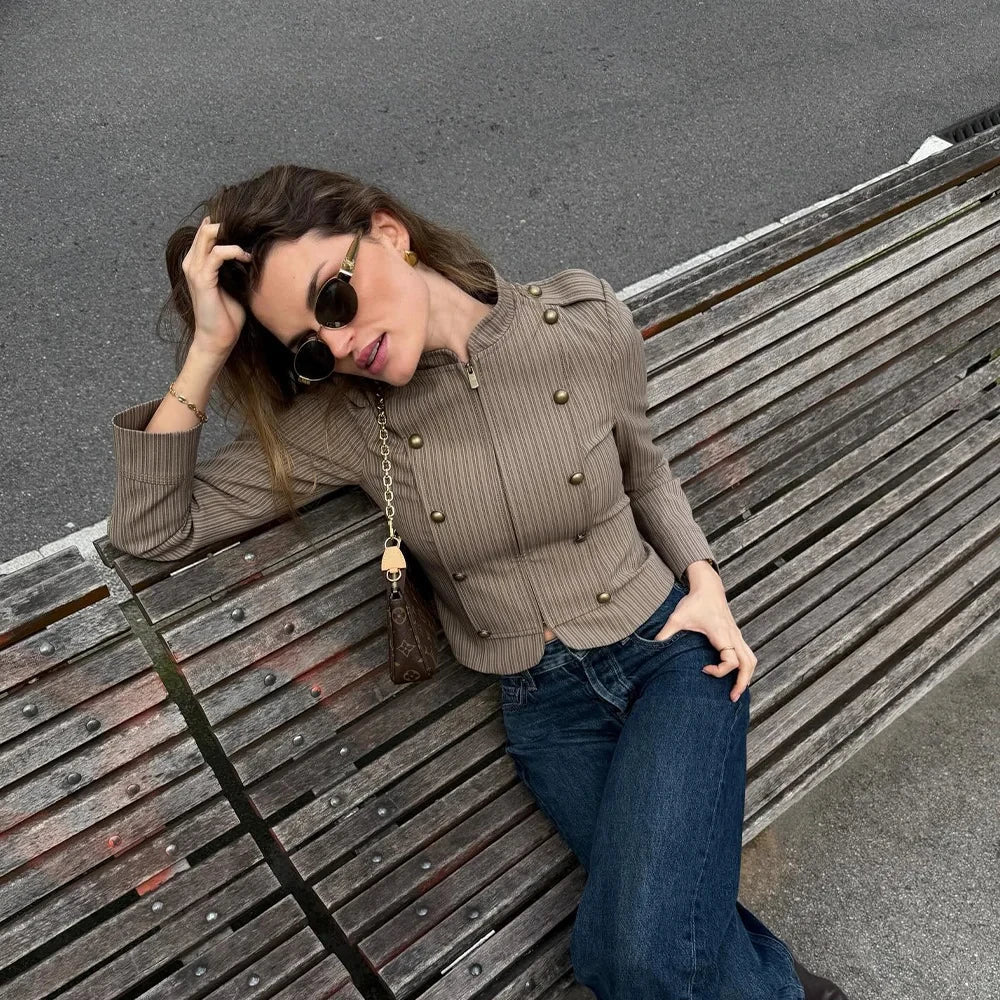 SOERA Mara Striped Zip - Up Blazer - Jackets -  Brown S