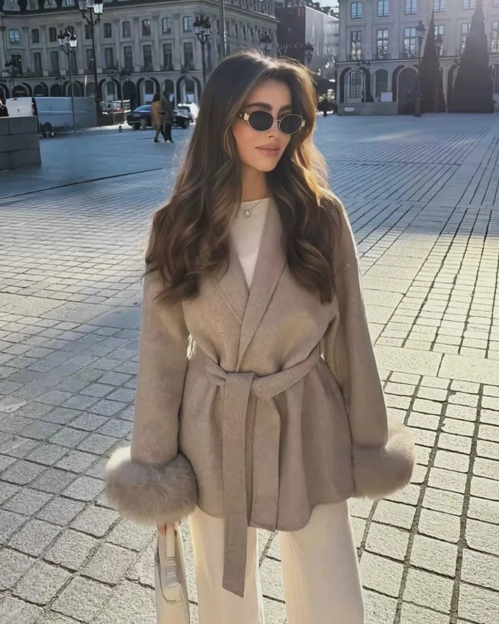 SOERA Wool Wrap Coat with Fox Fur Cuff - Jackets - 3256809512722732-;Kq1766845283310564935 Short Taupe L