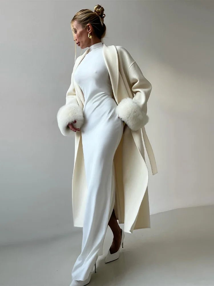 SOERA Wool Wrap Coat with Fox Fur Cuff - Jackets - 3256809512722732-;vj1766845283312475104 Long White S