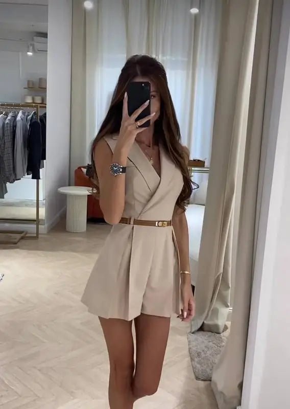 SOERA Bianca Structured Belted Sleeveless Romper - Jumpsuits & Rompers -  Apricot L