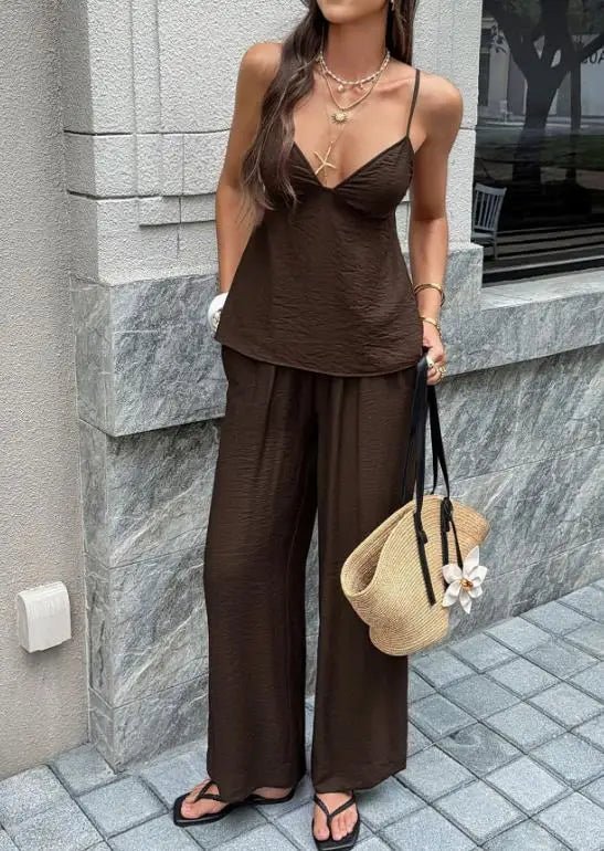 SOERA Odette Deep V-Neck Cami Wide Leg Pants Set - Jumpsuits & Rompers -  Brown S