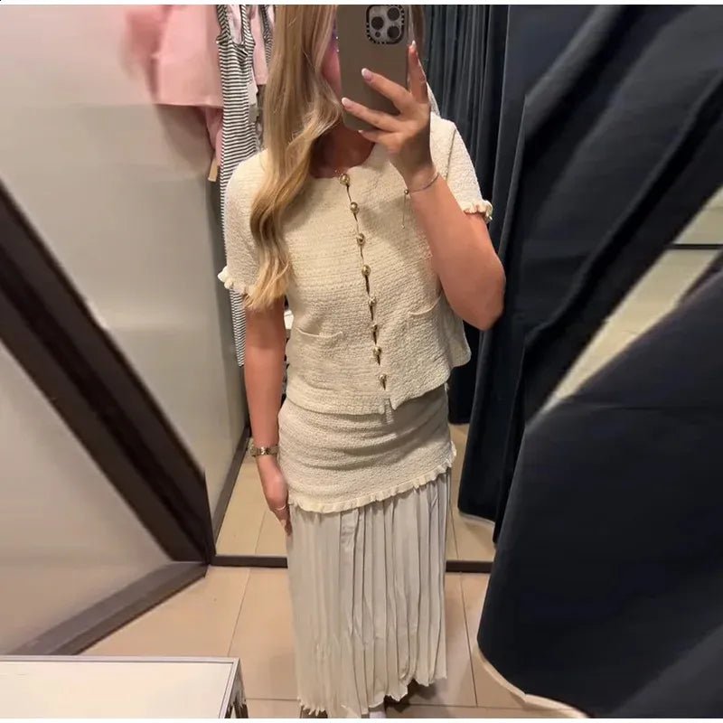 SOERA Beatrice Knitted Tank & Pleated Skirt Set - Matching Sets -  Beige Top M