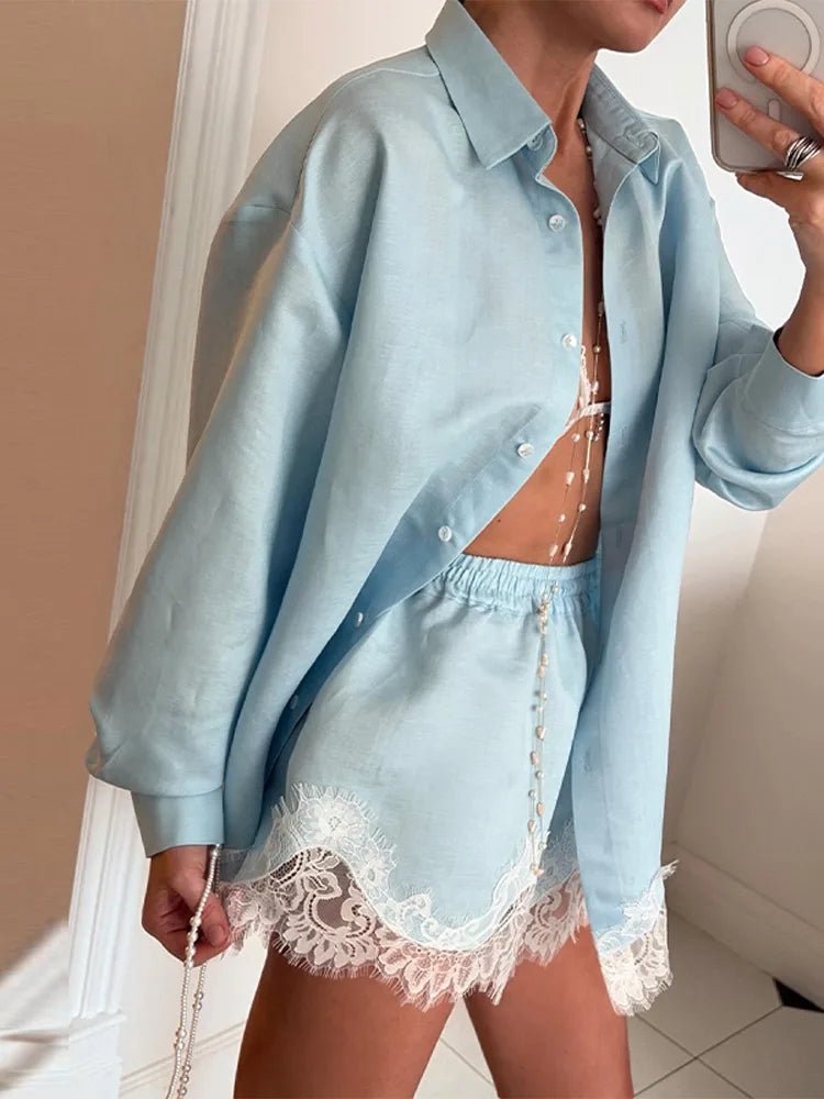 SOERA Celeste Lace Patchwork Beach Shirt Set - Matching Sets -  Blue M