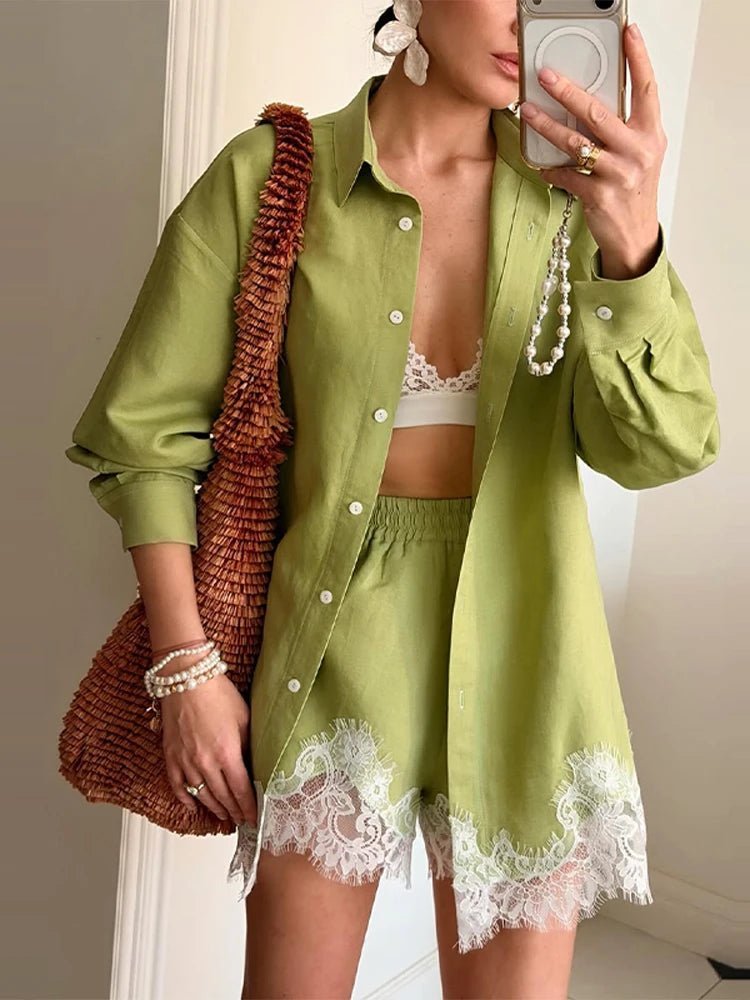 SOERA Celeste Lace Patchwork Beach Shirt Set - Matching Sets -  Blue S