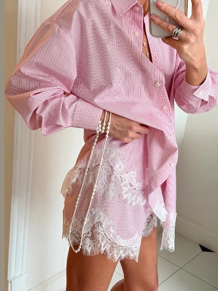 SOERA Celeste Lace Patchwork Beach Shirt Set - Matching Sets -  Pink Striped M