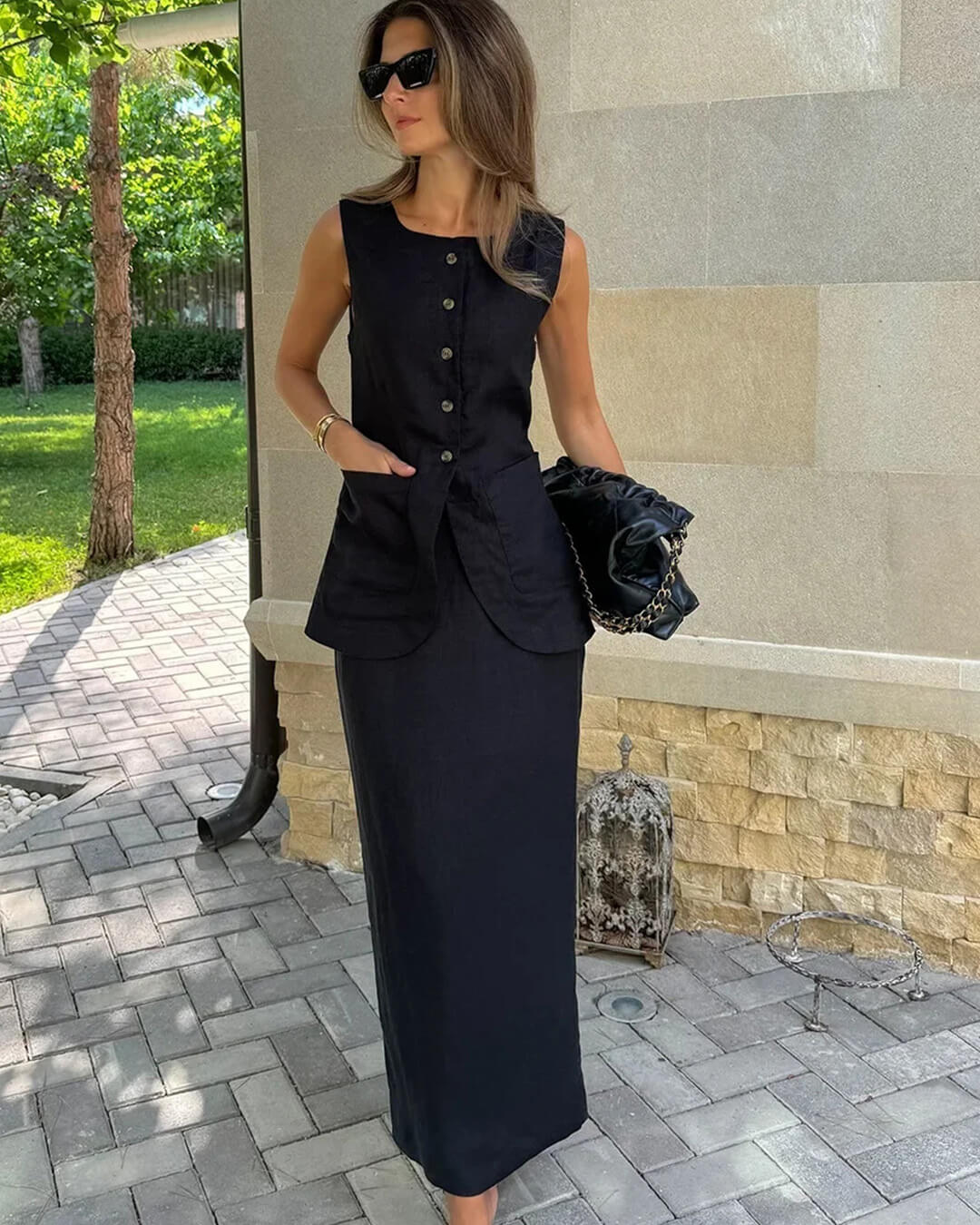 SOERA Irma Sleeveless Linen Set - Matching Sets -  Top Black