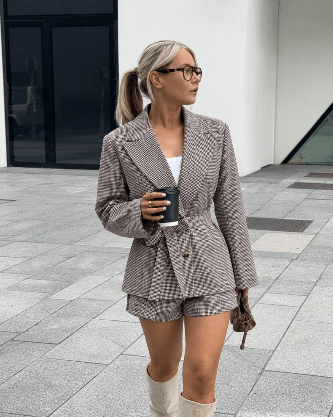 Lucy Houndstooth Belted Shorts Suit