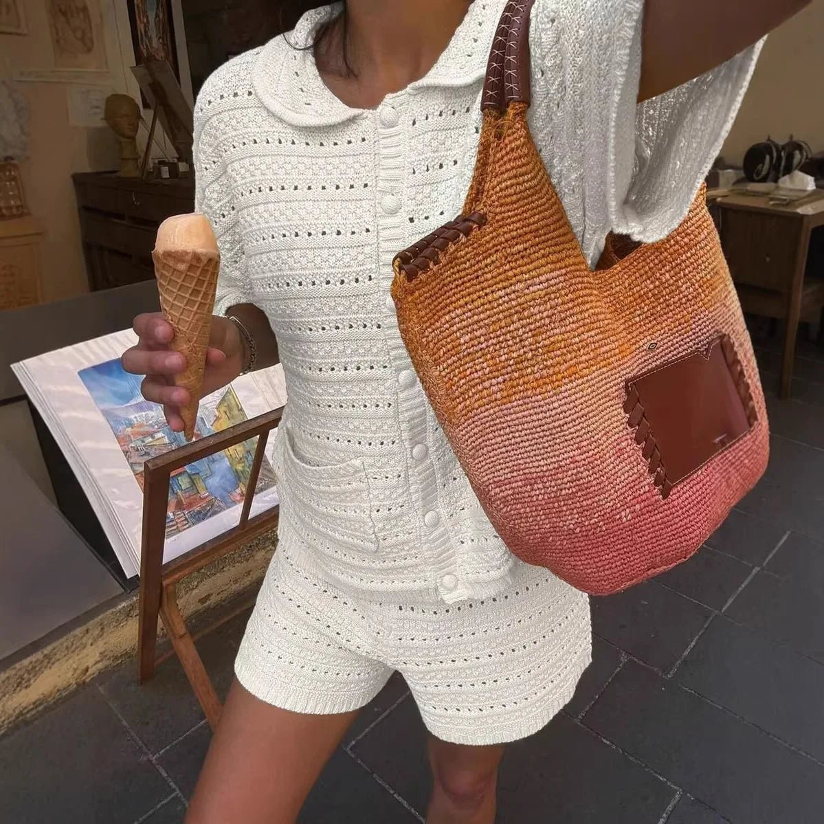 Sasha effen gebreid vest-en-shorts set