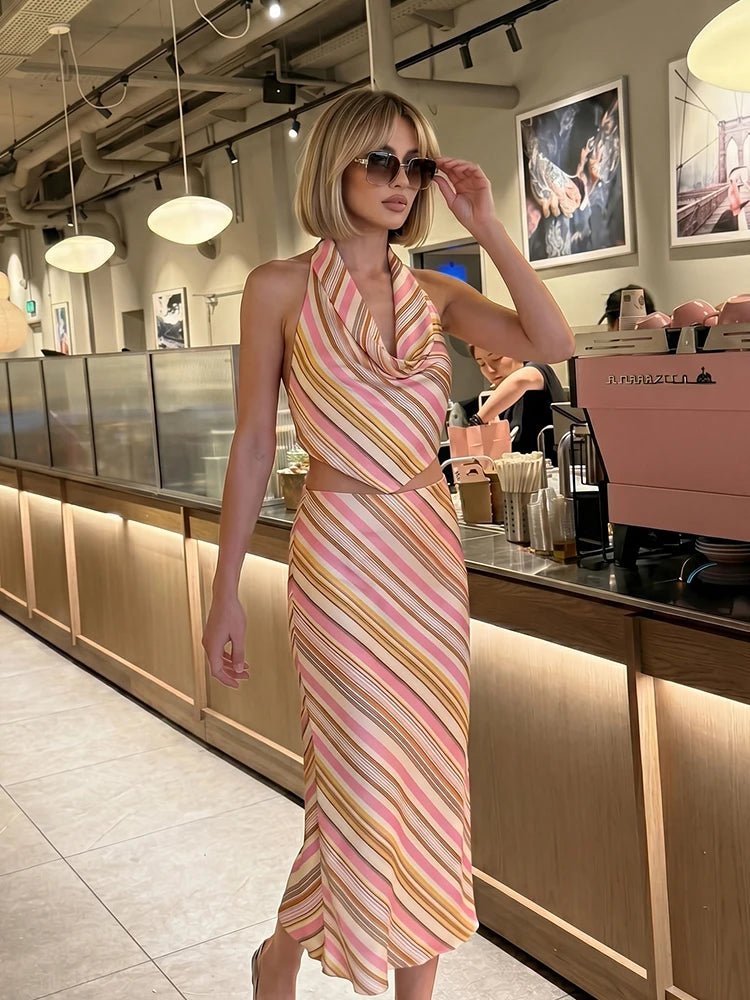 SOERA Sienna Bohemian Striped Satin Two-Piece Set - Matching Sets -  Skirt XS