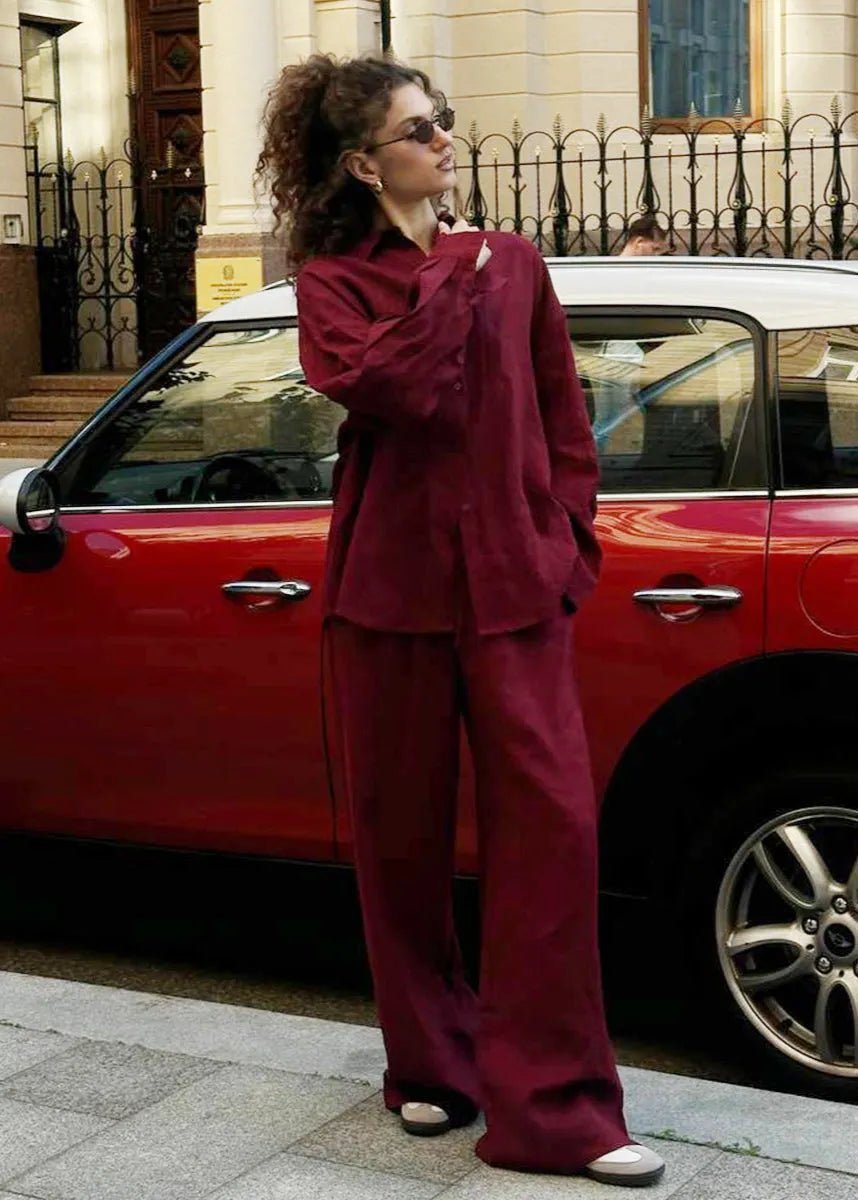 SOERA Bianca Relaxed Cotton Shirt & Wide-Leg Pants Set - Pants -  Burgundy L
