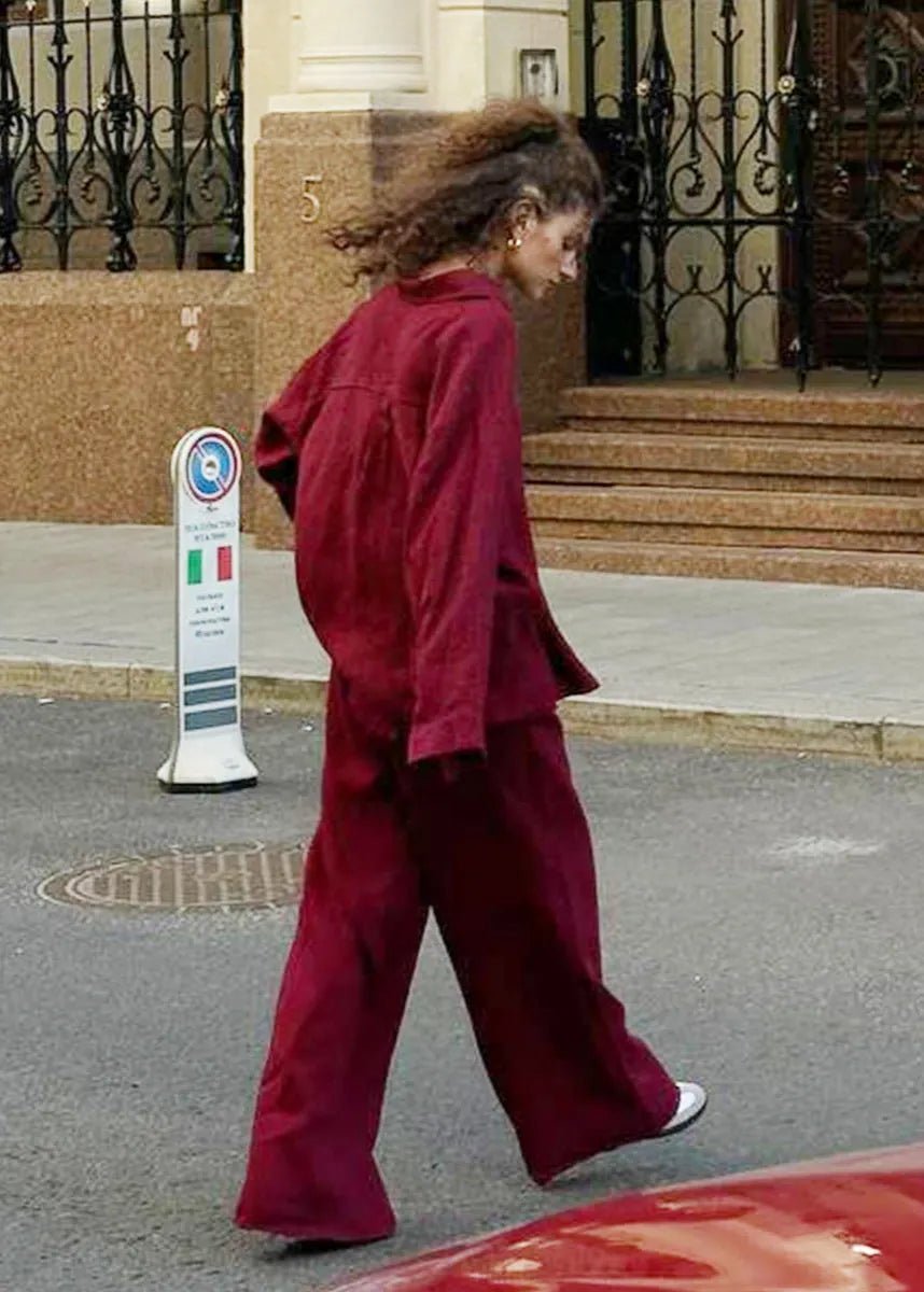 SOERA Bianca Relaxed Cotton Shirt & Wide - Leg Pants Set - Pants -  Burgundy M