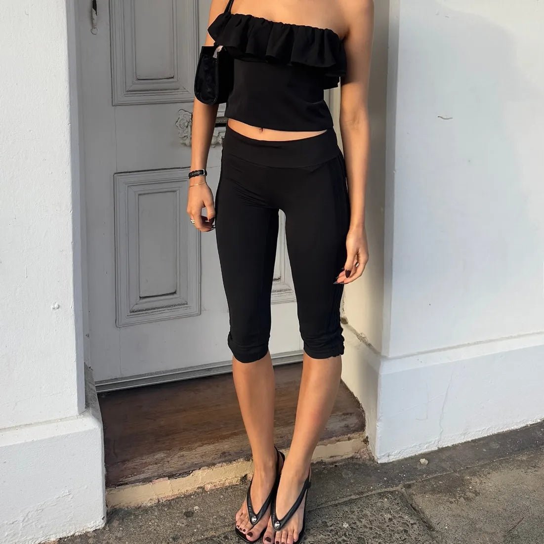 SOERA Halia Split Hem Capri Pants Fold Over Waist - Pants -  Black