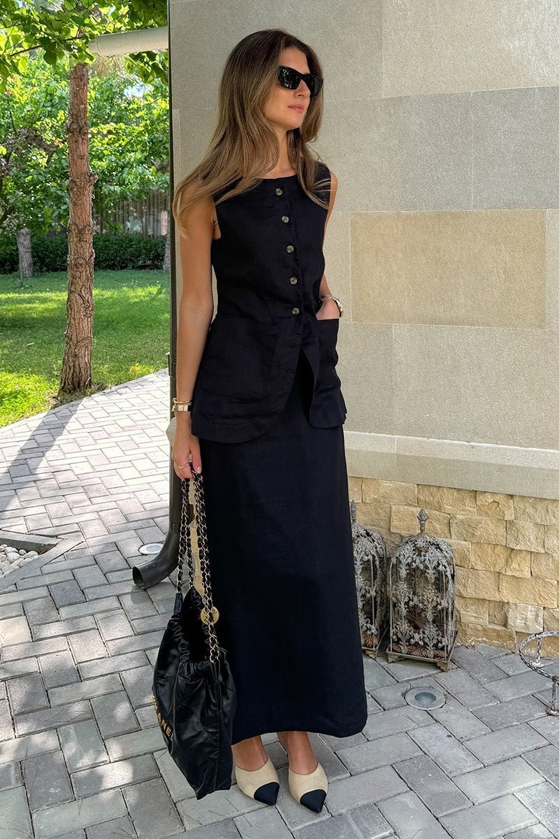 SOERA Lorelei Linen Vest High Waist Skirt Set - Set -  Black M