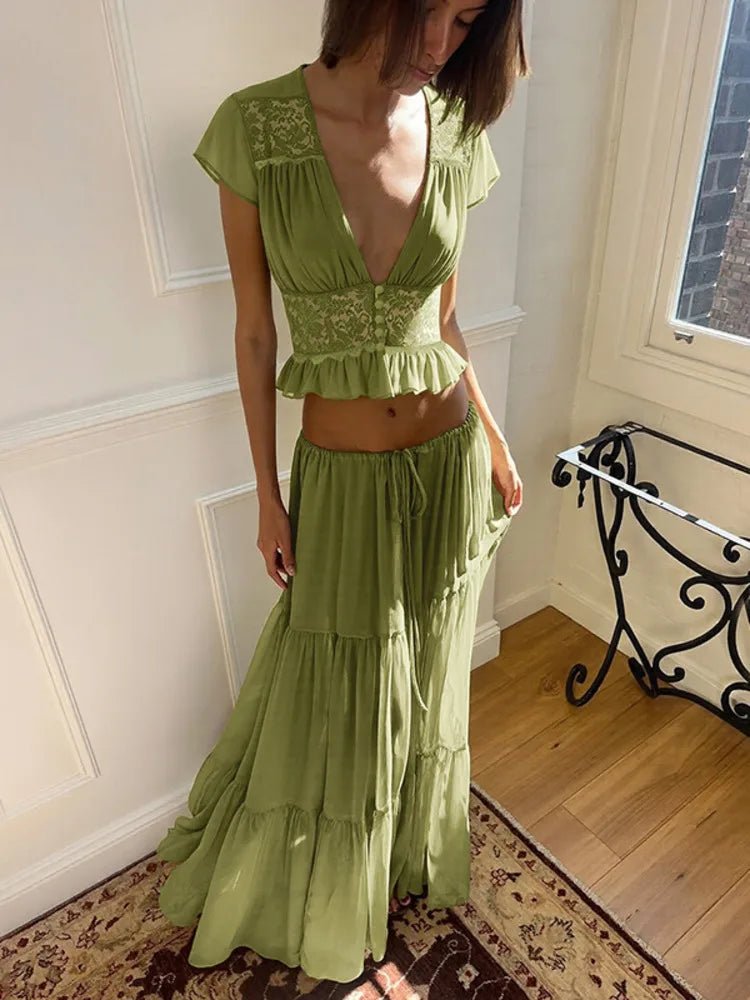 SOERA Morrigan Lace Chiffon Top & Skirt Set - Set -  Green S