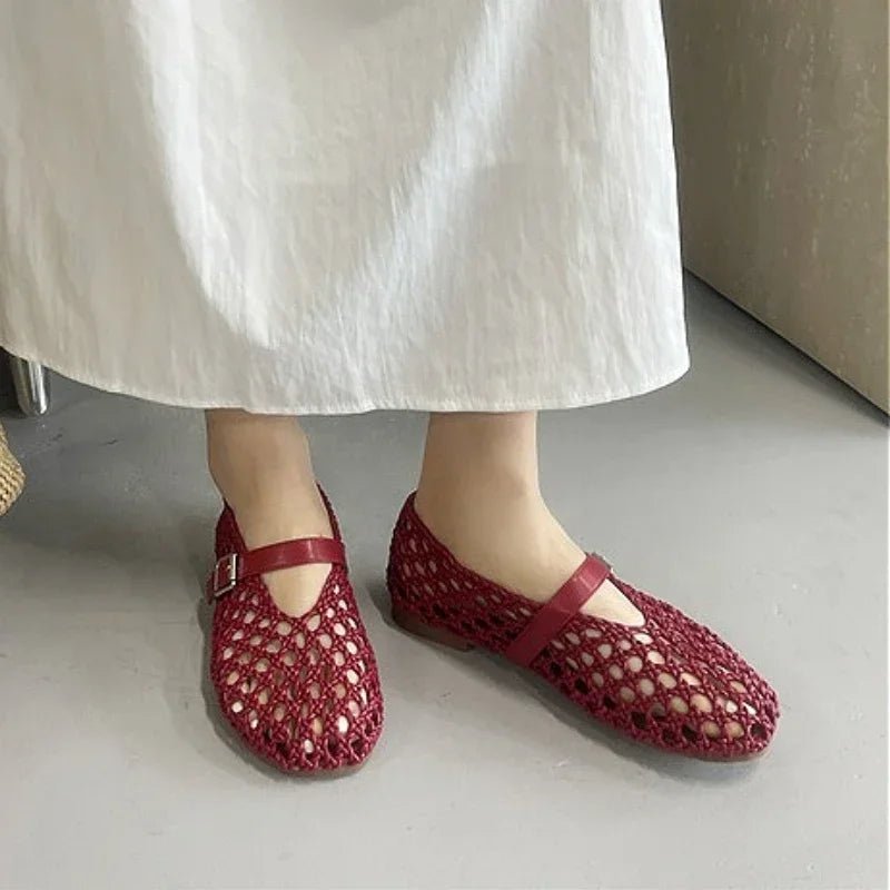 SOERA Bianca Woven Hollow Flat Sandals - Shoes -  Burgundy 35