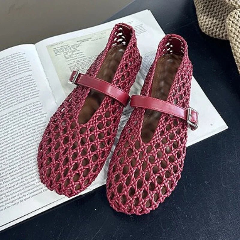 SOERA Bianca Woven Hollow Flat Sandals - Shoes -  Burgundy 35