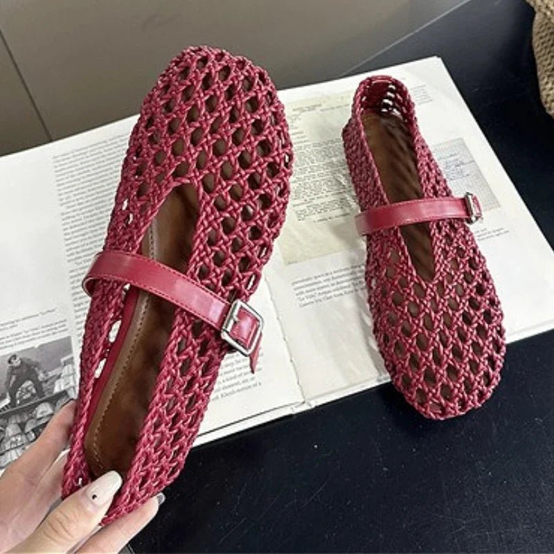 SOERA Bianca Woven Hollow Flat Sandals - Shoes -  Burgundy 35