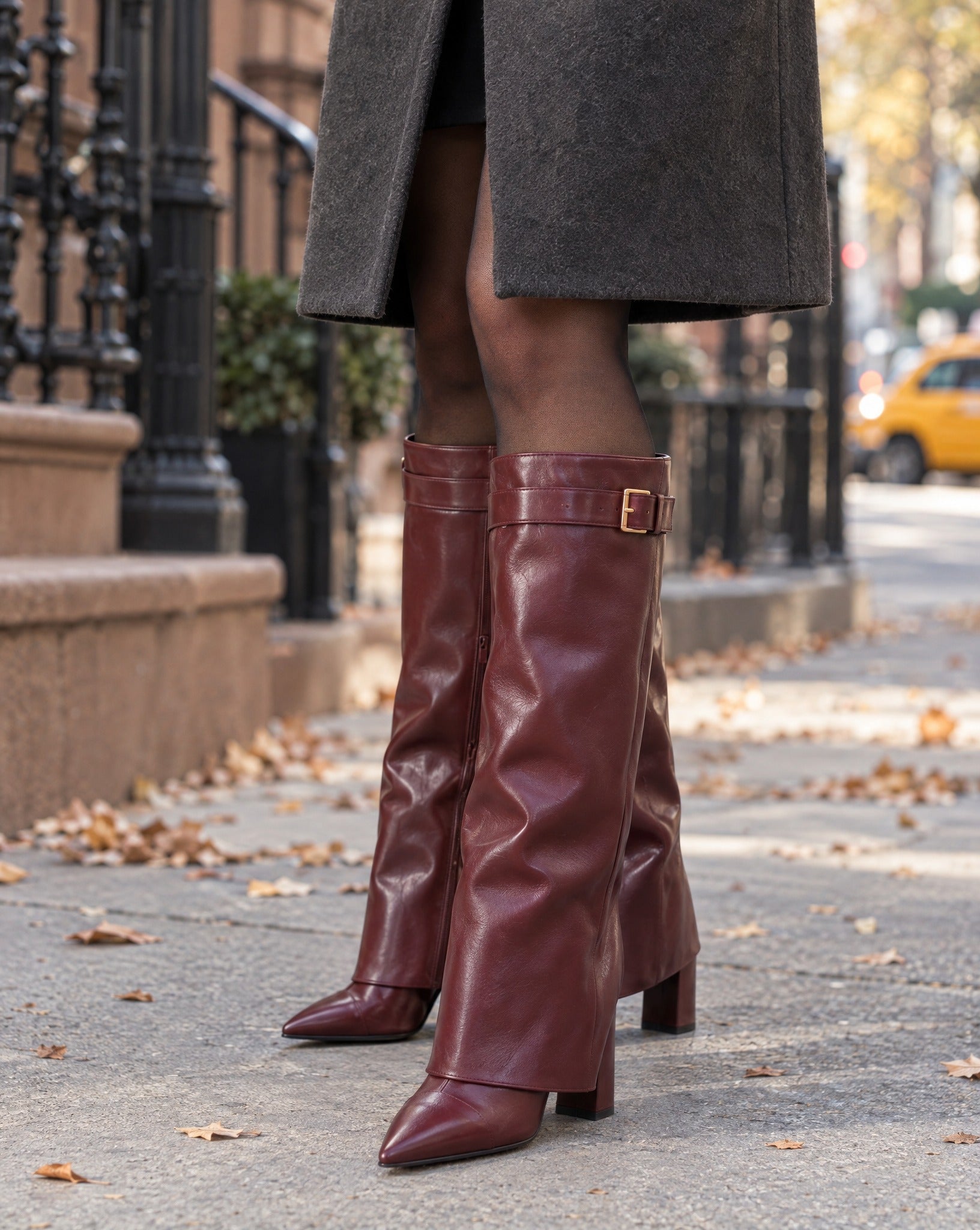 Vera Fold-Over Knee-High Boots in Burgundy Leather