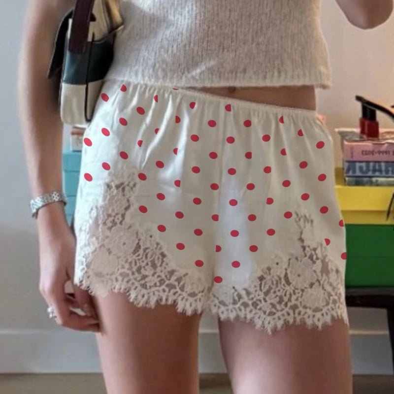 SOERA Margot Lace Trim Polka Dot Satin Shorts - Shorts - 1005010043707999-;Cl1773374042538283992 White Red S