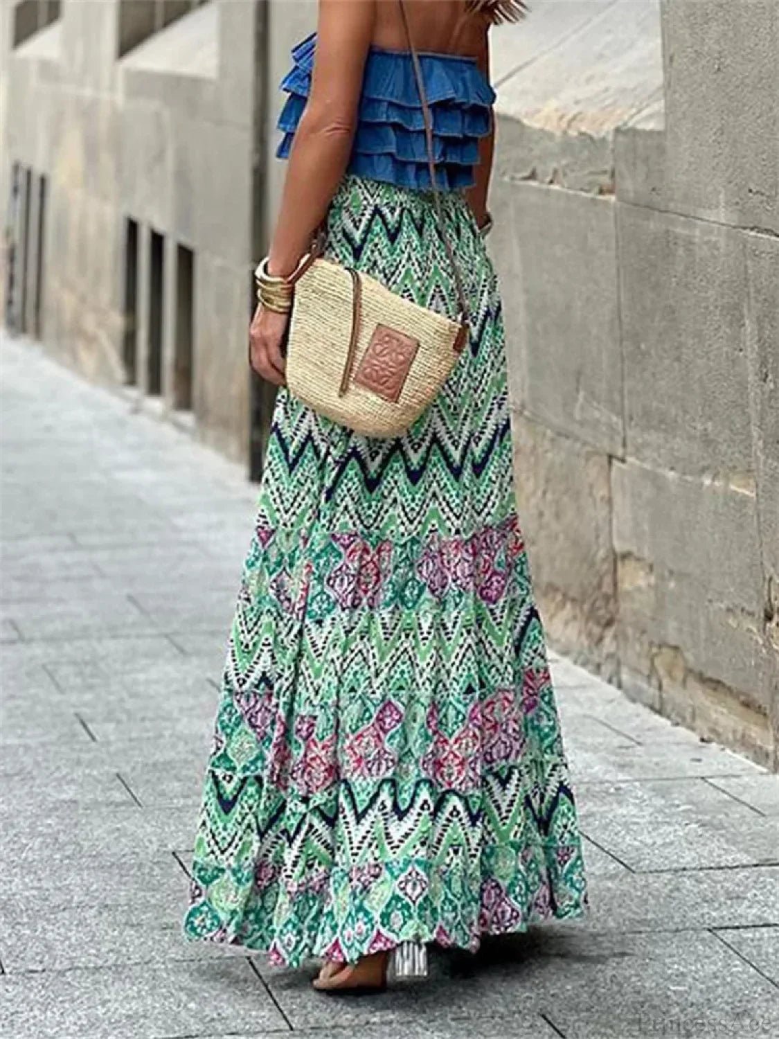 SOERA Celeste Flowy Boho Print Ruffled Hem Skirt - Skirt -  Green S