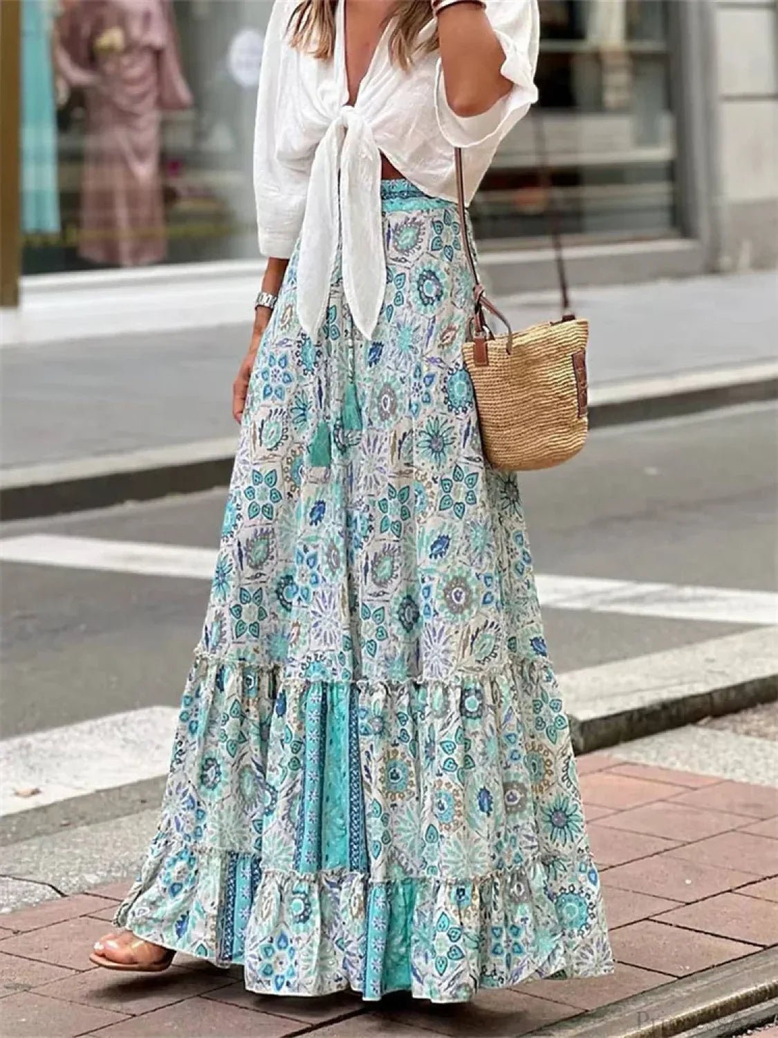 SOERA Celeste Flowy Boho Print Ruffled Hem Skirt - Skirt -  Sky Blue S