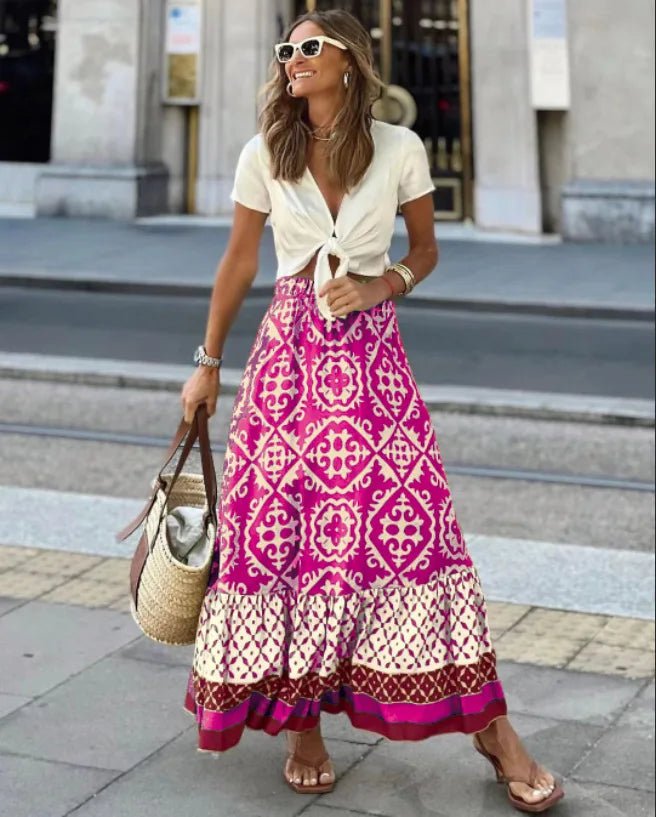 SOERA Zara Boho Printed Midi Swing Skirt - Skirt -  Rose Red S