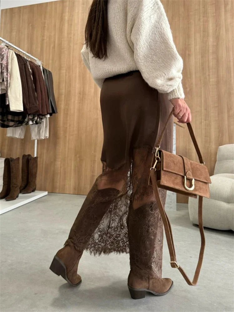 SOERA Diane Satin Lace Maxi Skirt - Skirts - 3256809822824212-;iq1765494891639281426 Brown M