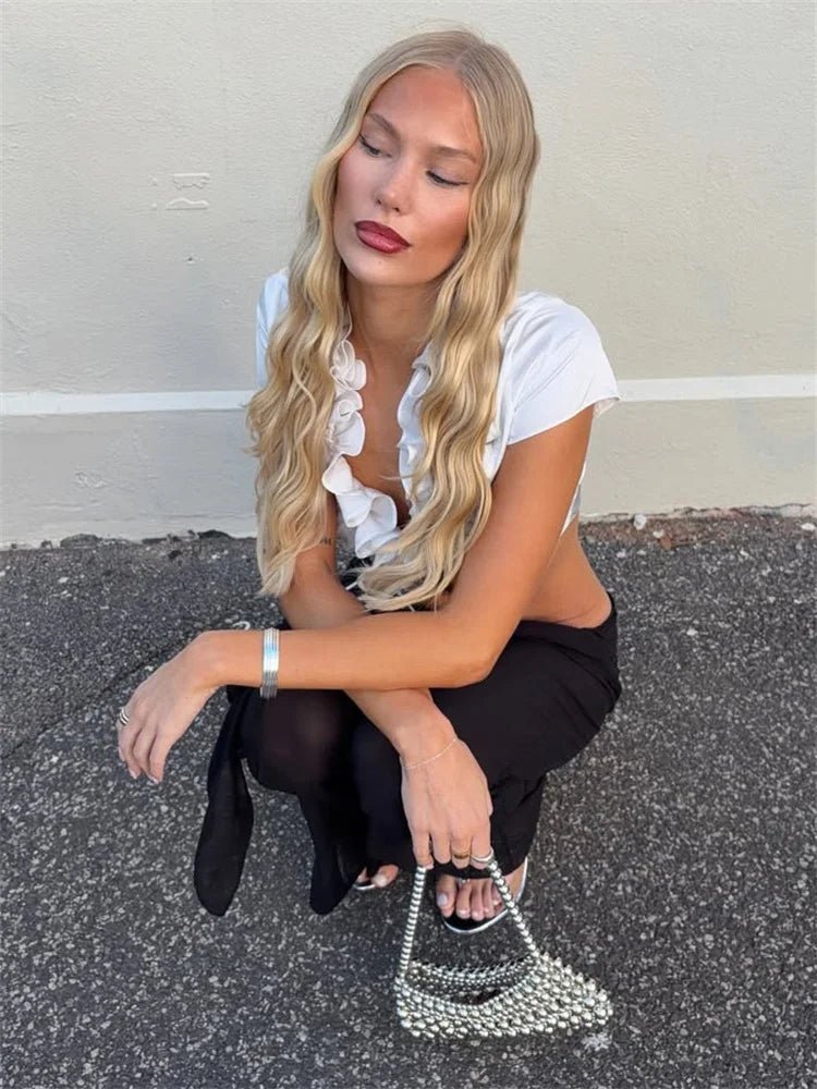 SOERA Bianca Ruffled Lace - Up Cropped Tank - Top -  White S