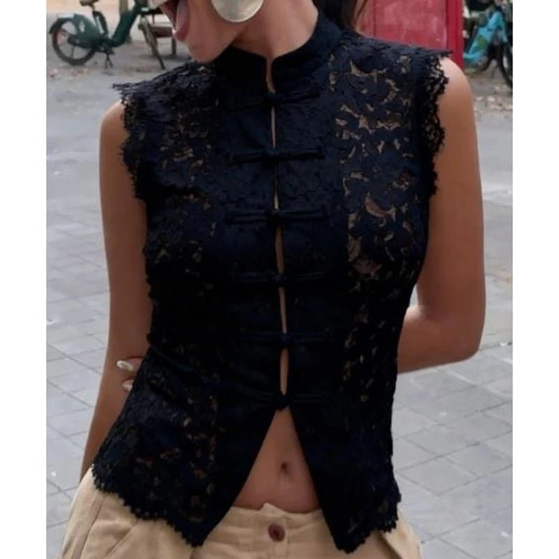 SOERA Beatrix Sheer Lace Mandarin Collar Blouse - Tops -  Black S