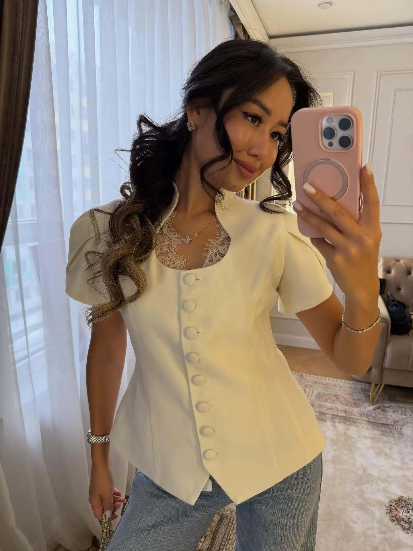 SOERA Bianca Button Front Stand Collar Top - Tops -  White S