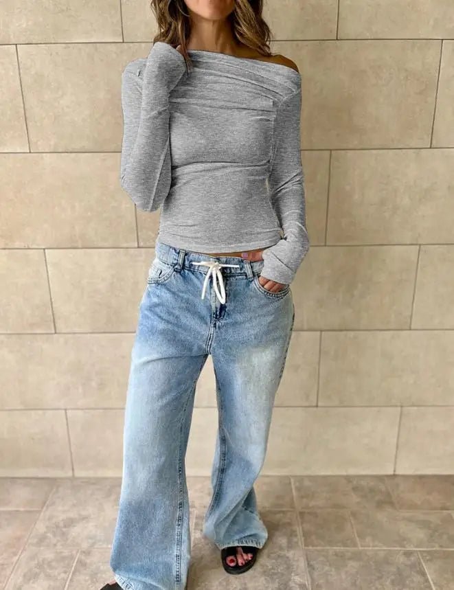 SOERA Cassy Off - Shoulder Long Sleeve Top - Tops - 3256810112066762-;li1763778892089037889 Gray M