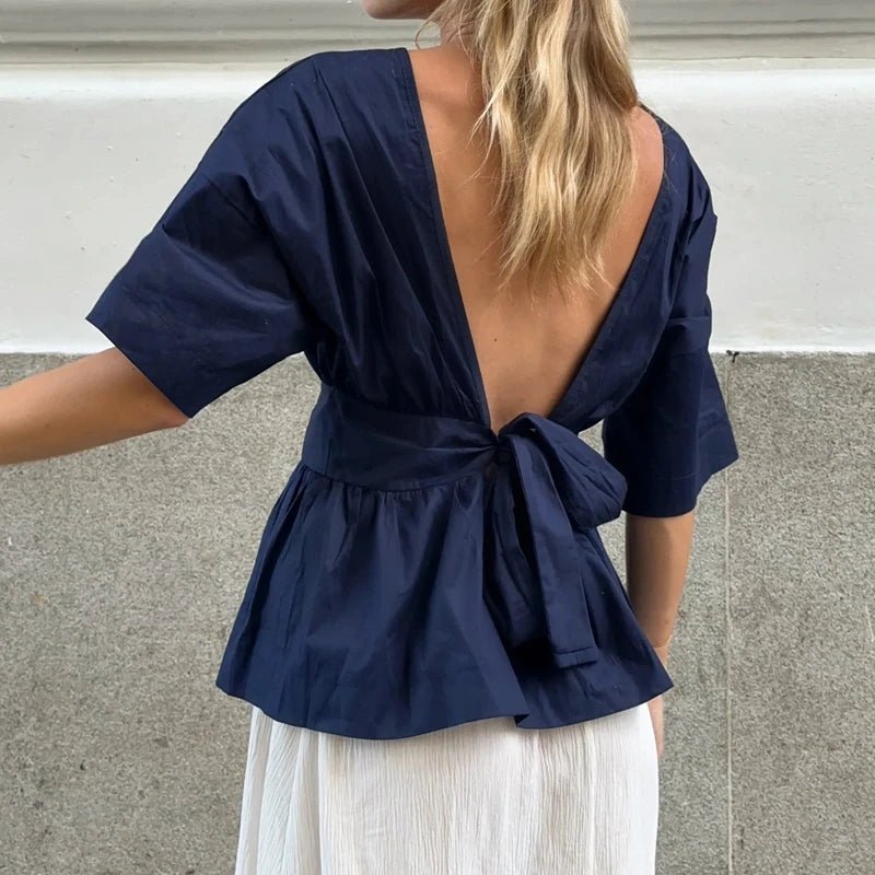 SOERA Cecile Ruffled Backless Blouse - Tops -  Navy S